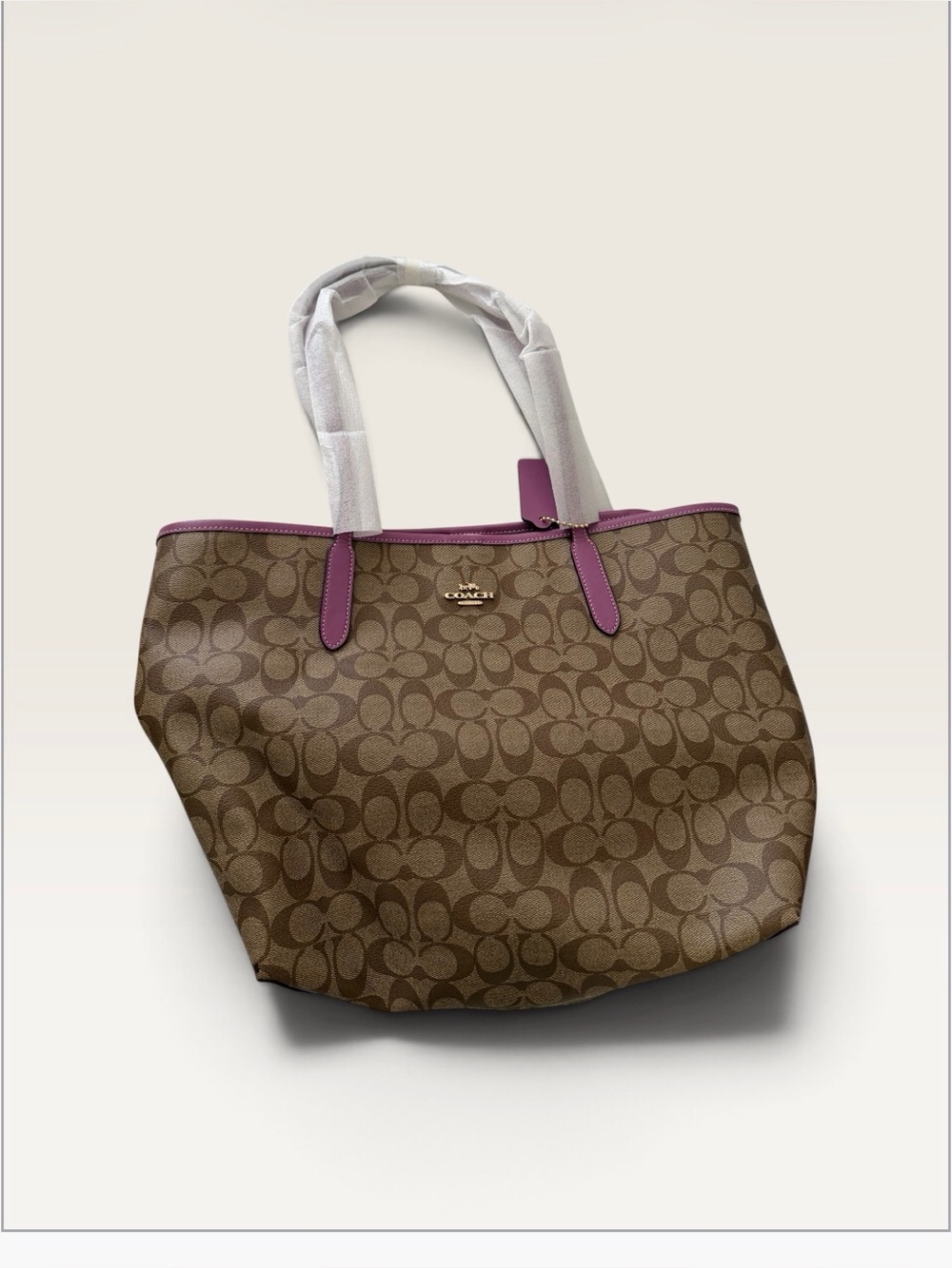 Coach City Brown Signature Tote with Pink Trim